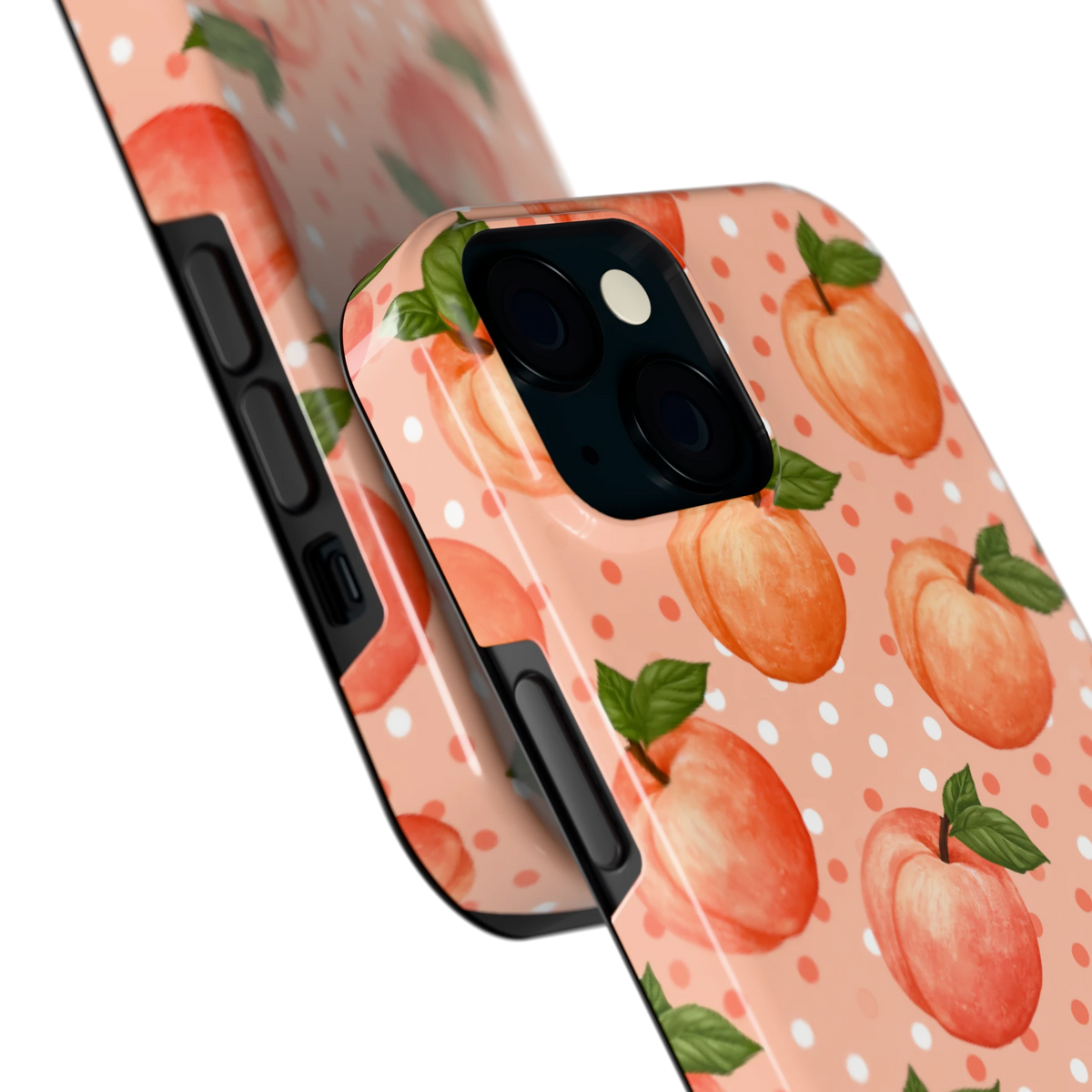 Perziken met stippen hoesje voor iPhone 15, close-up