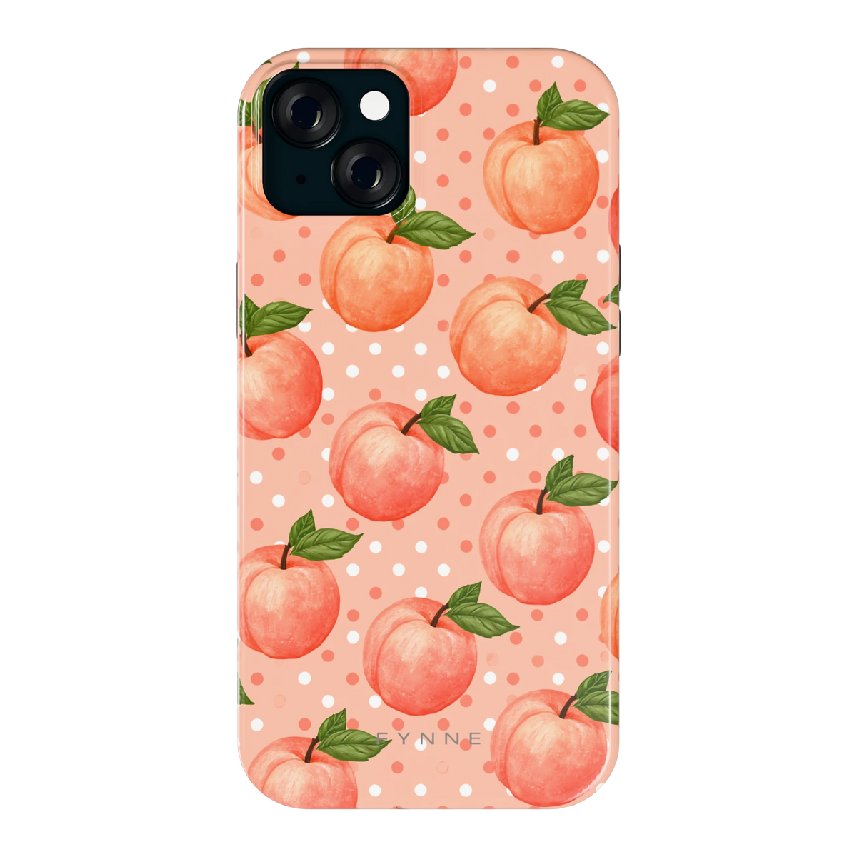 Perziken met stippen hoesje voor iPhone 15 Plus, achterkant