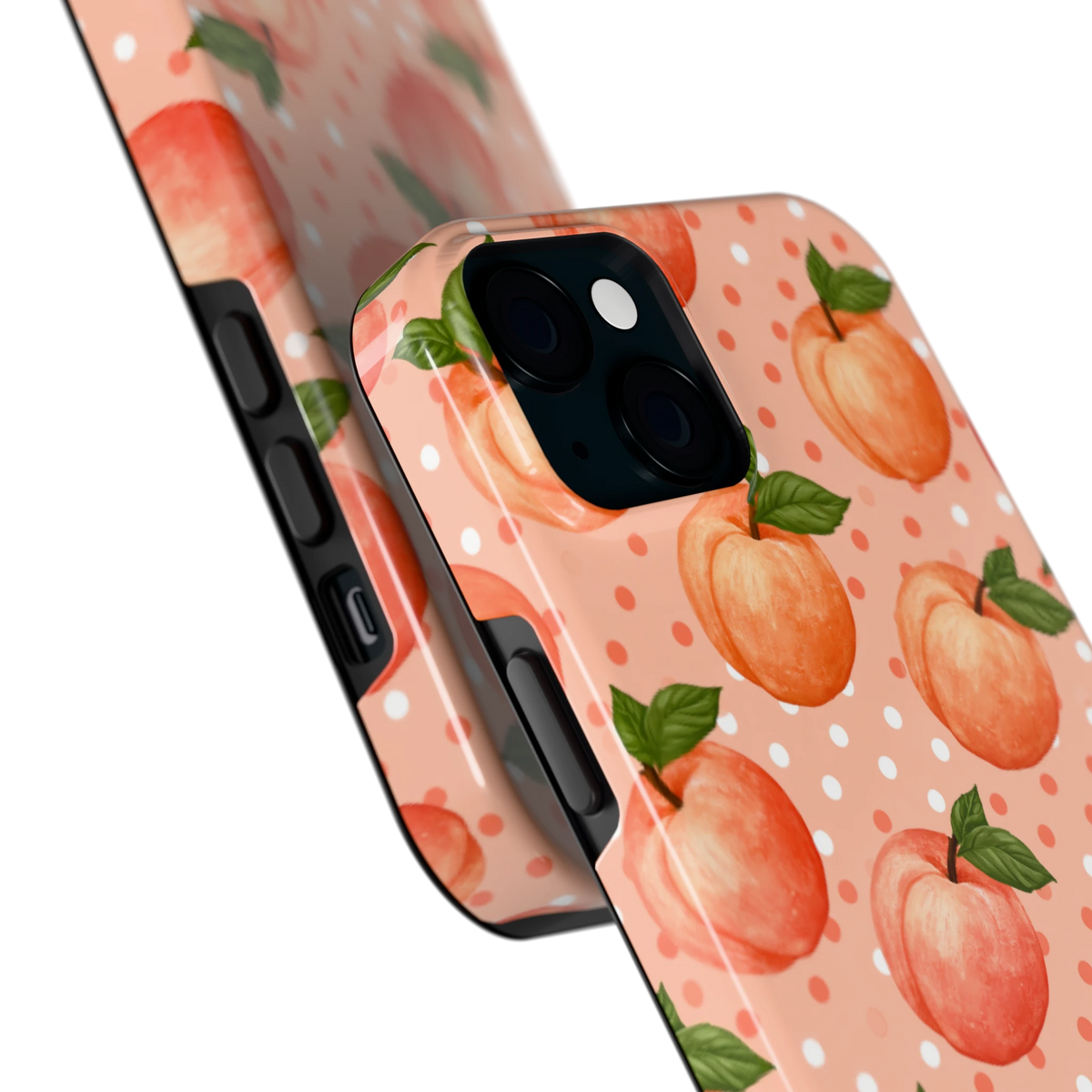 Perziken met stippen hoesje voor iPhone 15 Plus, close-up
