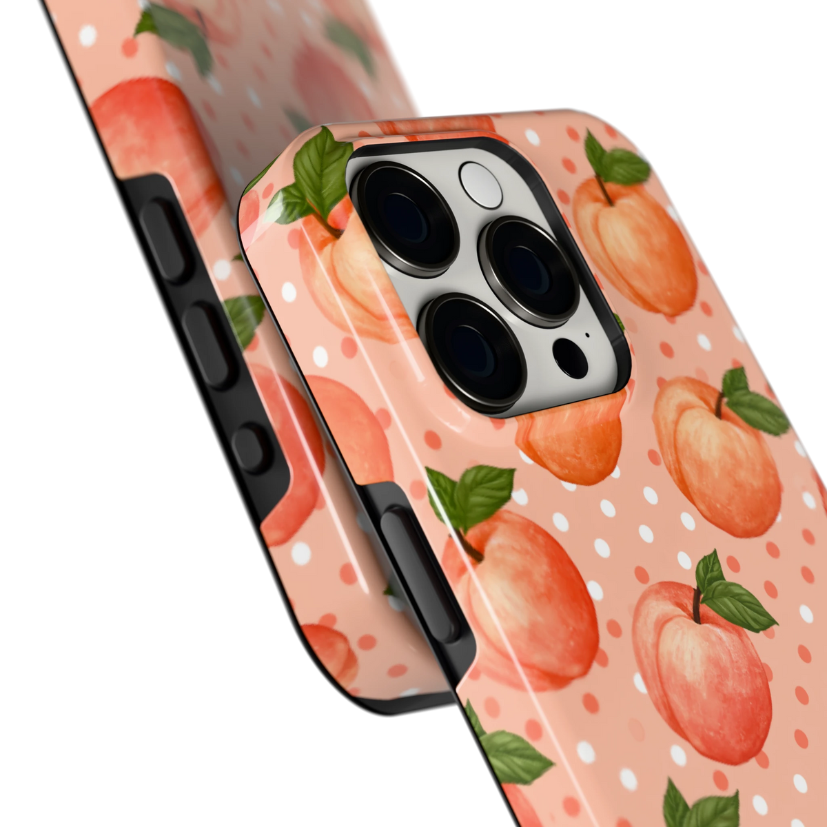 Perziken met stippen hoesje voor iPhone 15 Pro, close-up