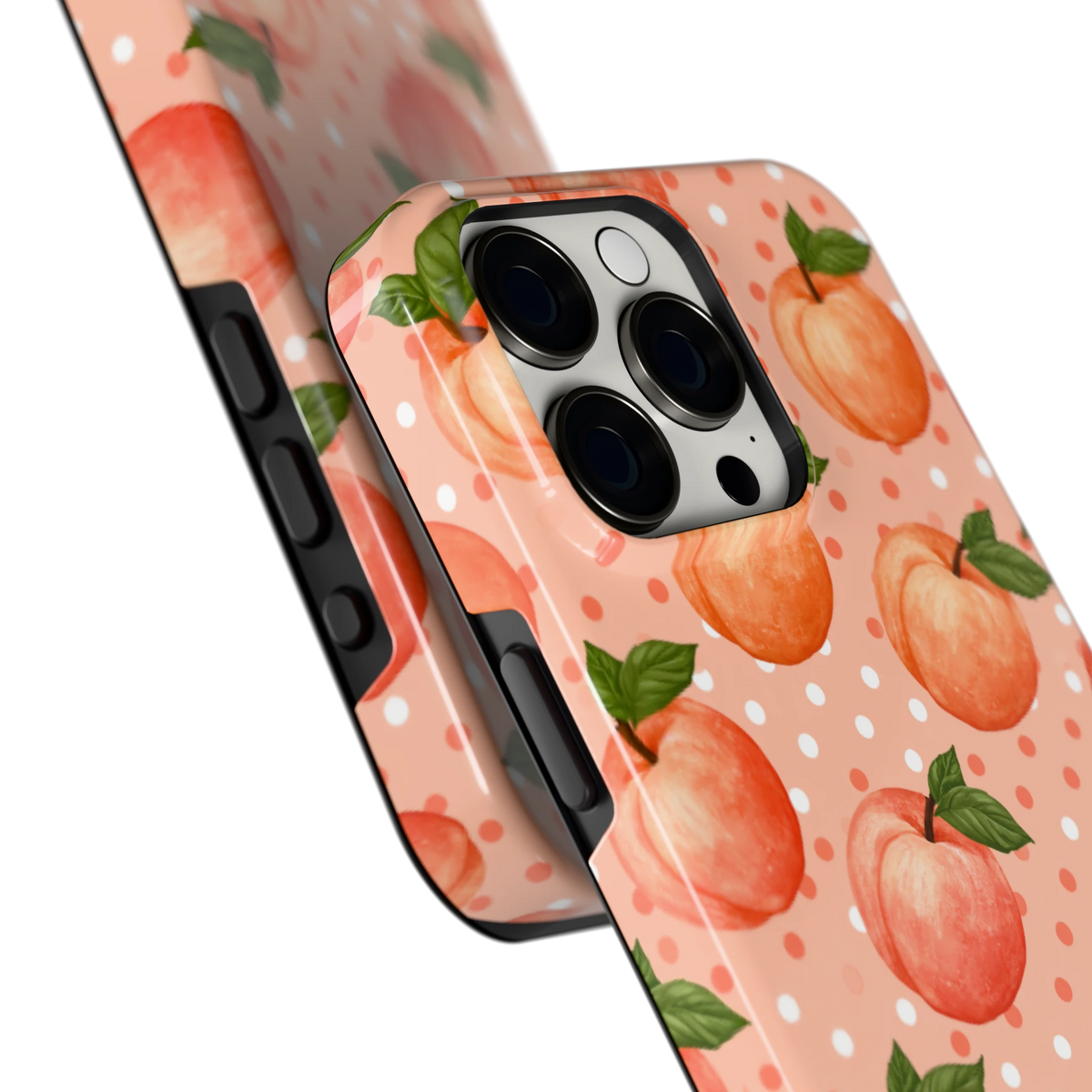 Perziken met stippen hoesje voor iPhone 15 Pro Max, close-up