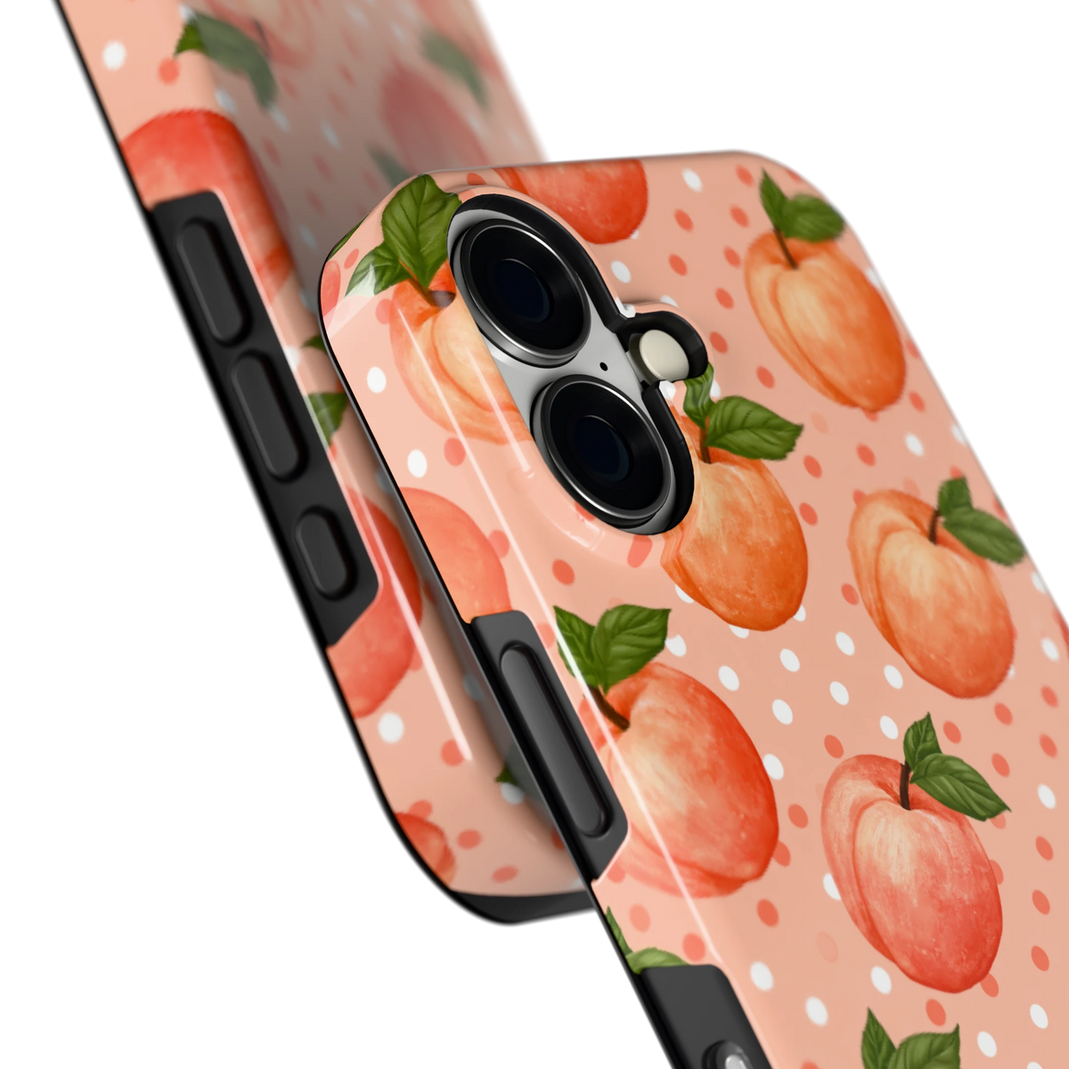 Perziken met stippen hoesje voor iPhone 16, close-up