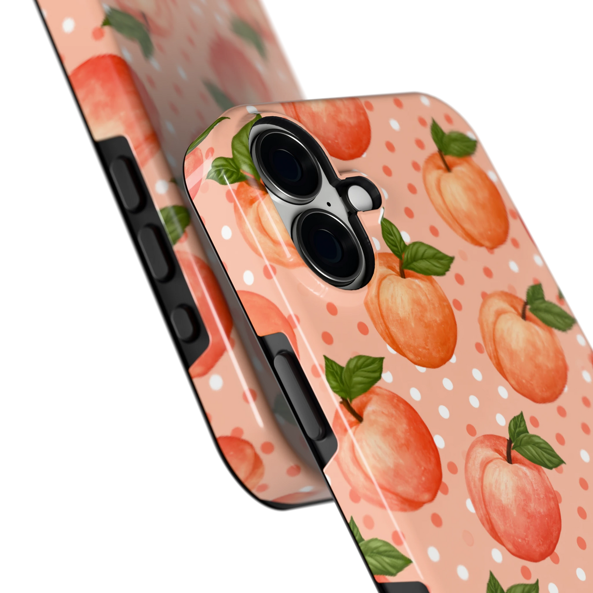 Perziken met stippen hoesje voor iPhone 16 Plus, close-up