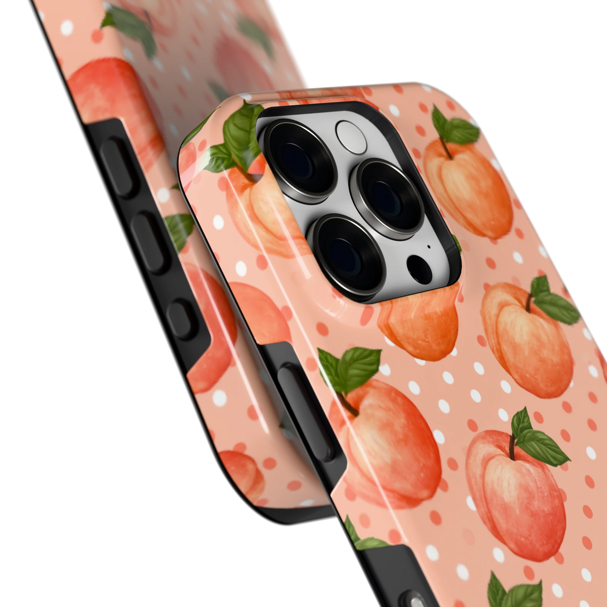Perziken met stippen hoesje voor iPhone 16 Pro, close-up