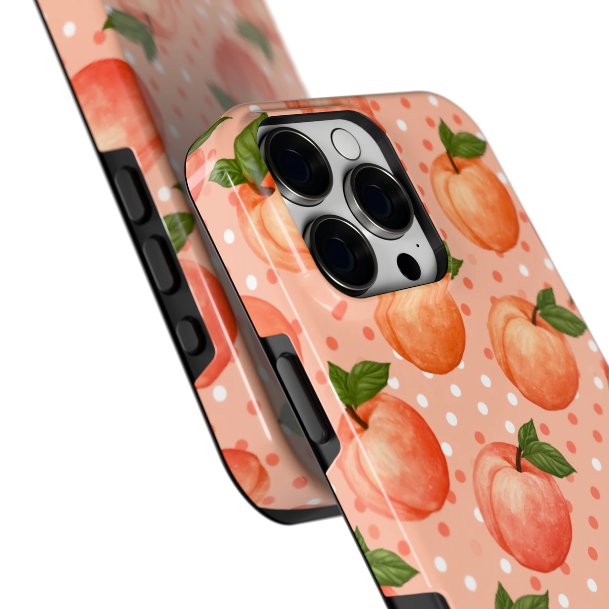 Perziken met stippen hoesje voor iPhone 16 Pro Max, close-up