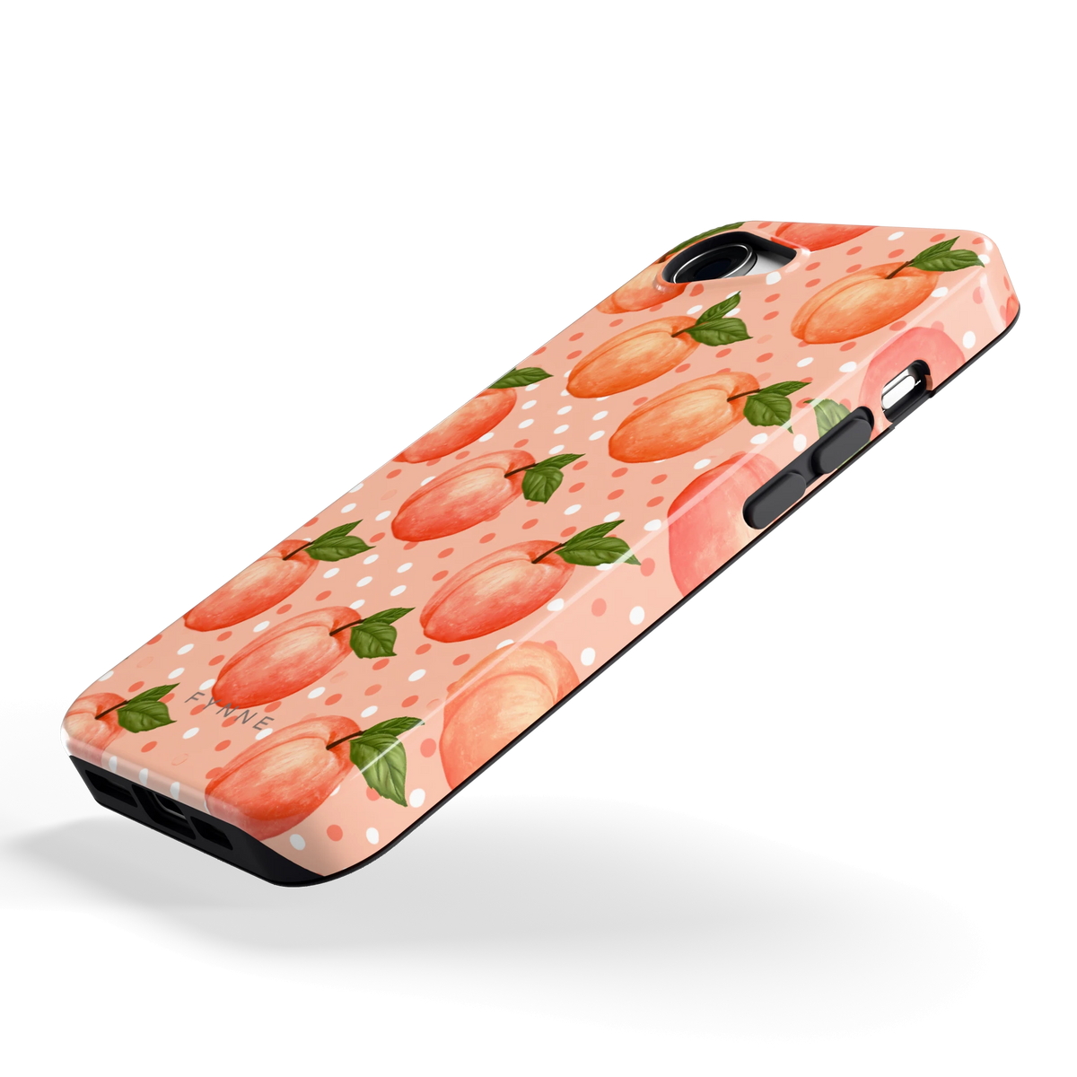 Perziken met stippen hoesje voor iPhone 16e, schuin