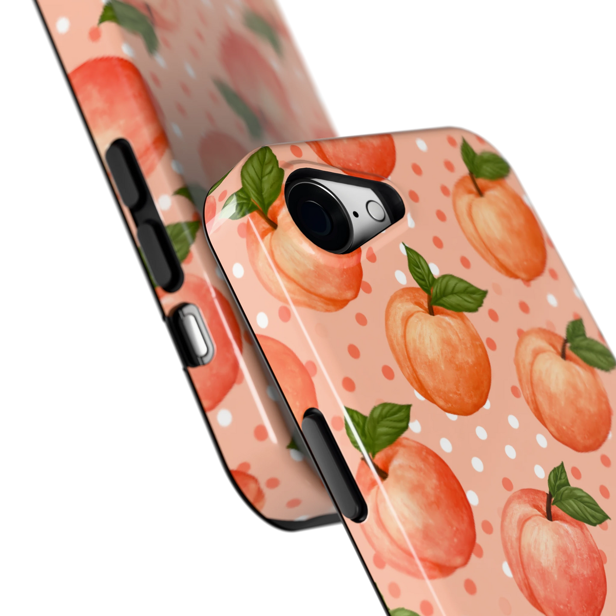 Perziken met stippen hoesje voor iPhone 16e, close-up