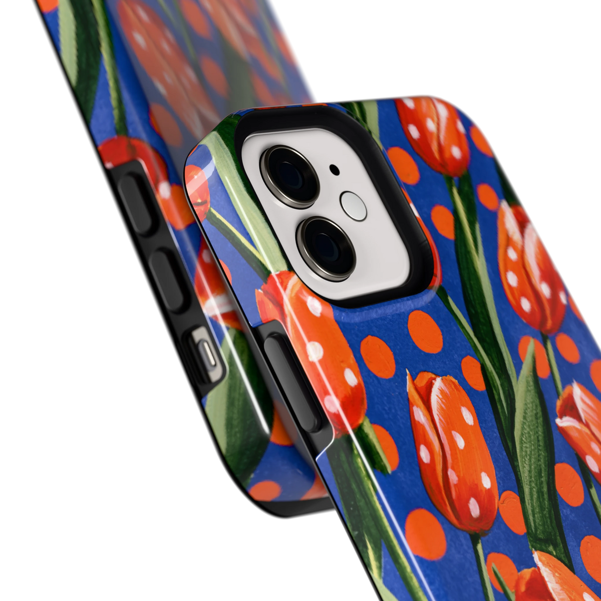 Tulpen met stippen hoesje voor iPhone 12, close-up