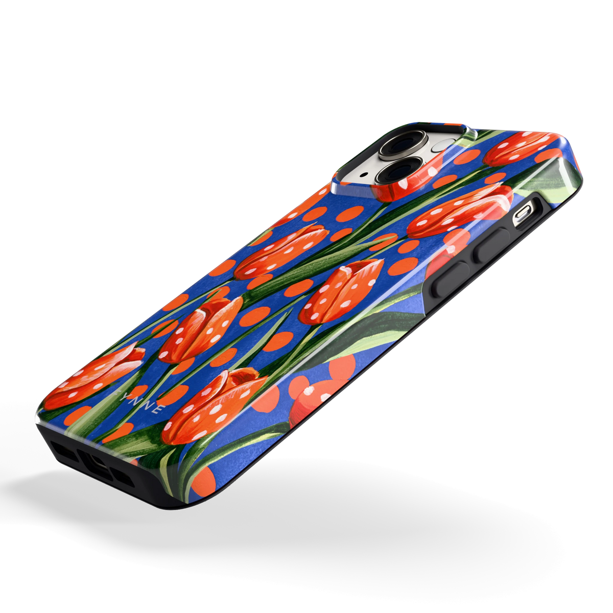 Tulpen met stippen hoesje voor iPhone 13 mini, schuin