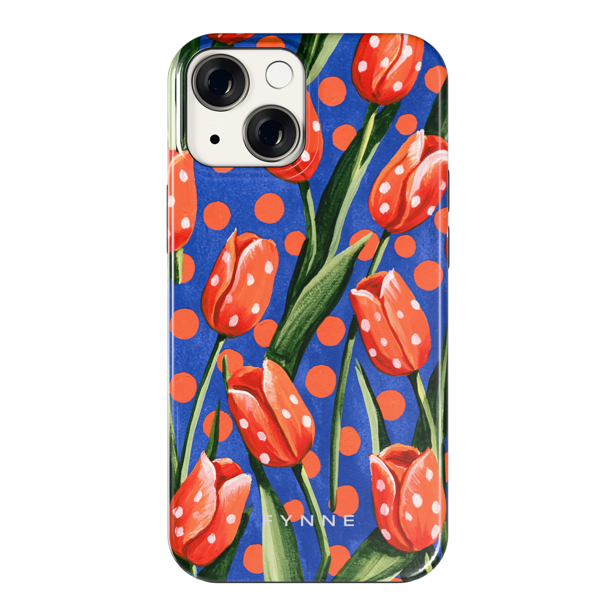 Tulpen met stippen hoesje voor iPhone 13 mini, achterkant