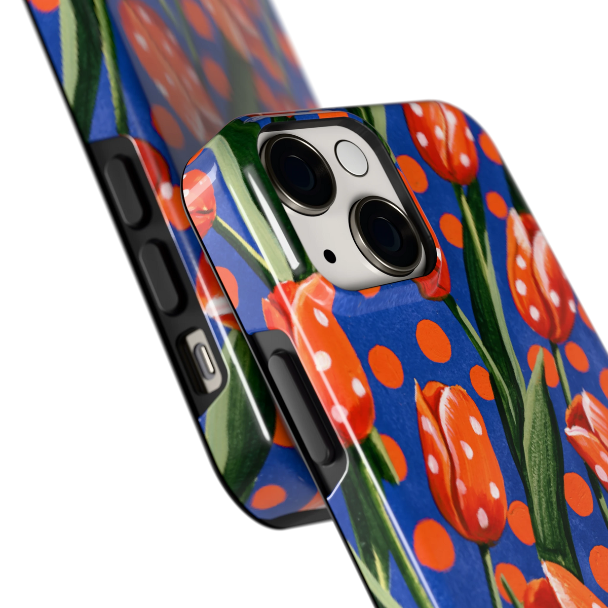 Tulpen met stippen hoesje voor iPhone 13 mini, close-up