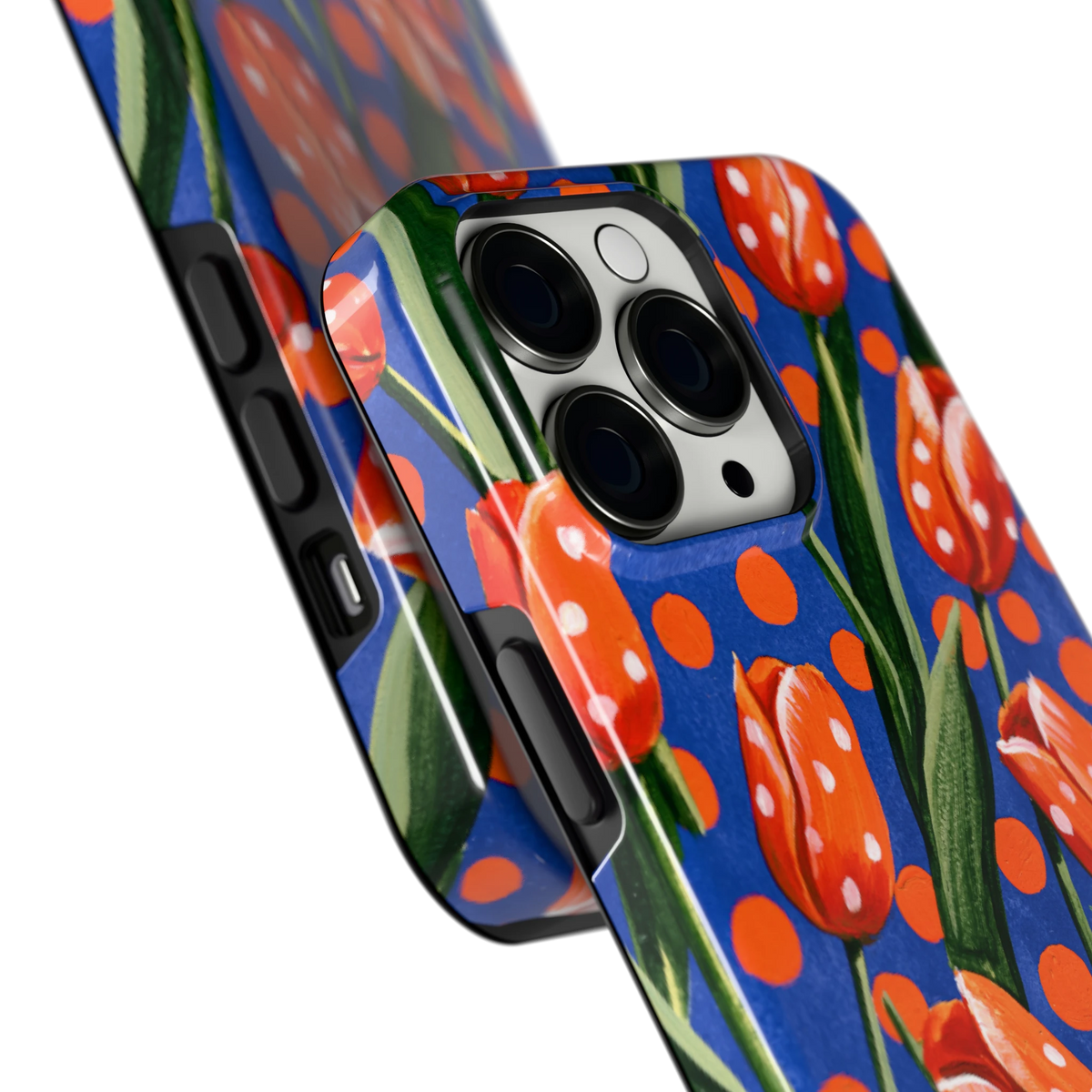 Tulpen met stippen hoesje voor iPhone 13 Pro, close-up