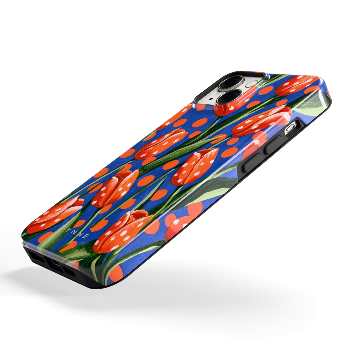 Tulpen met stippen hoesje voor iPhone 14, schuin