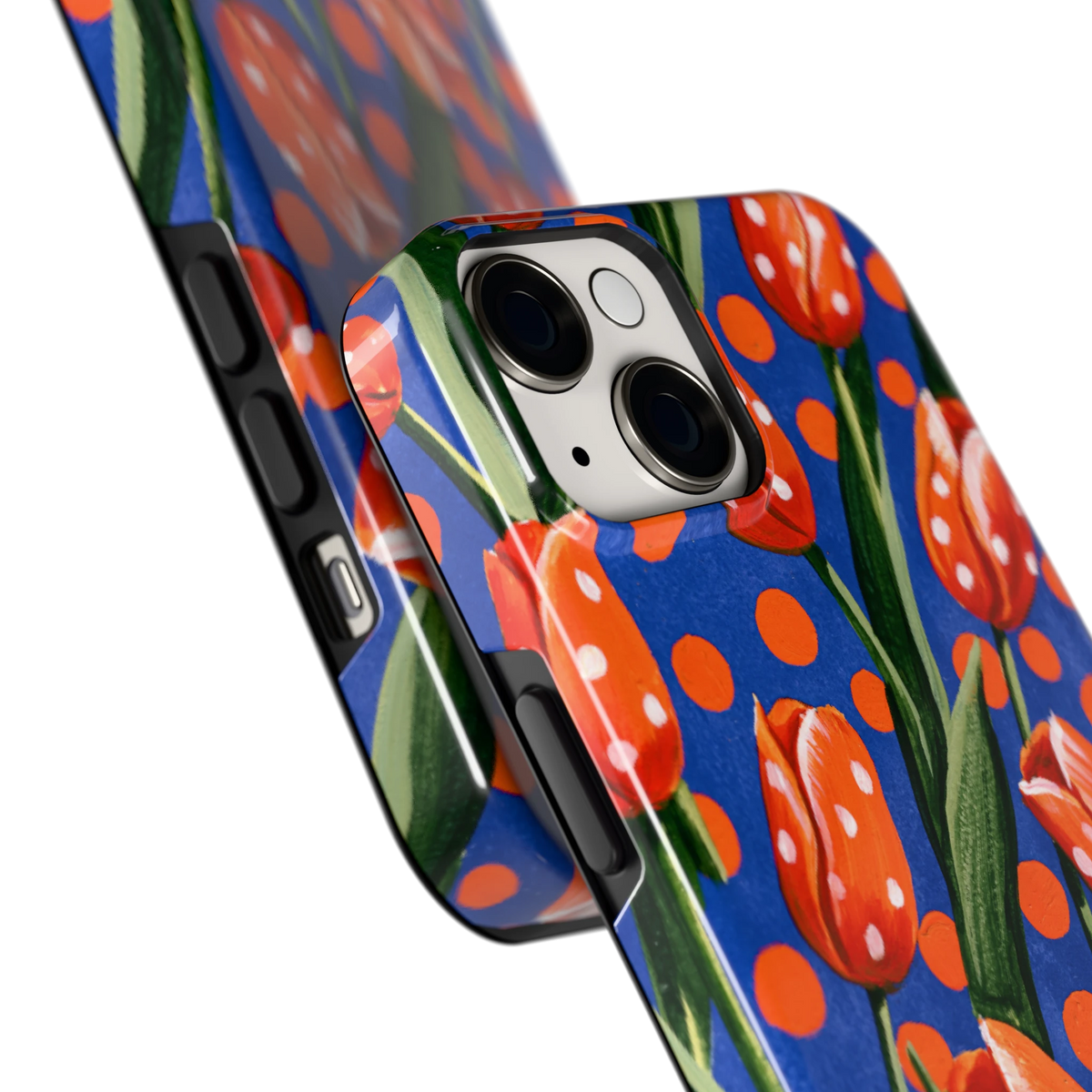 Tulpen met stippen hoesje voor iPhone 14, close-up