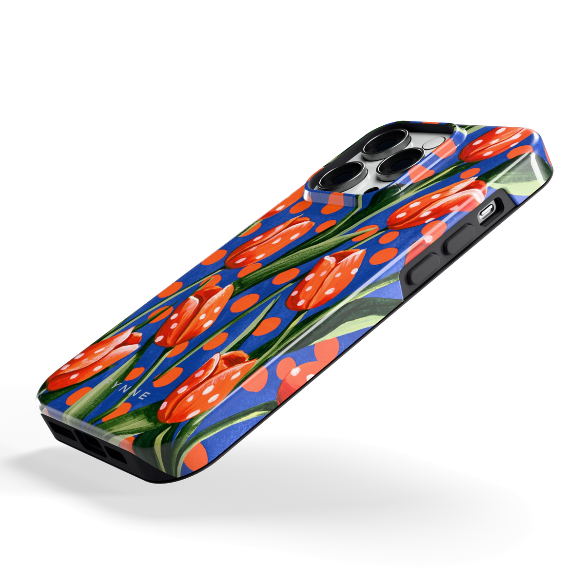 Tulpen met stippen hoesje voor iPhone 14 Pro, schuin