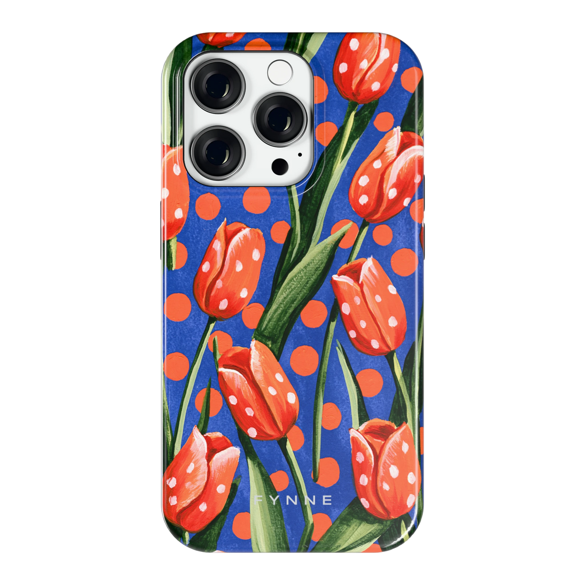 Tulpen met stippen hoesje voor iPhone 14 Pro, achterkant