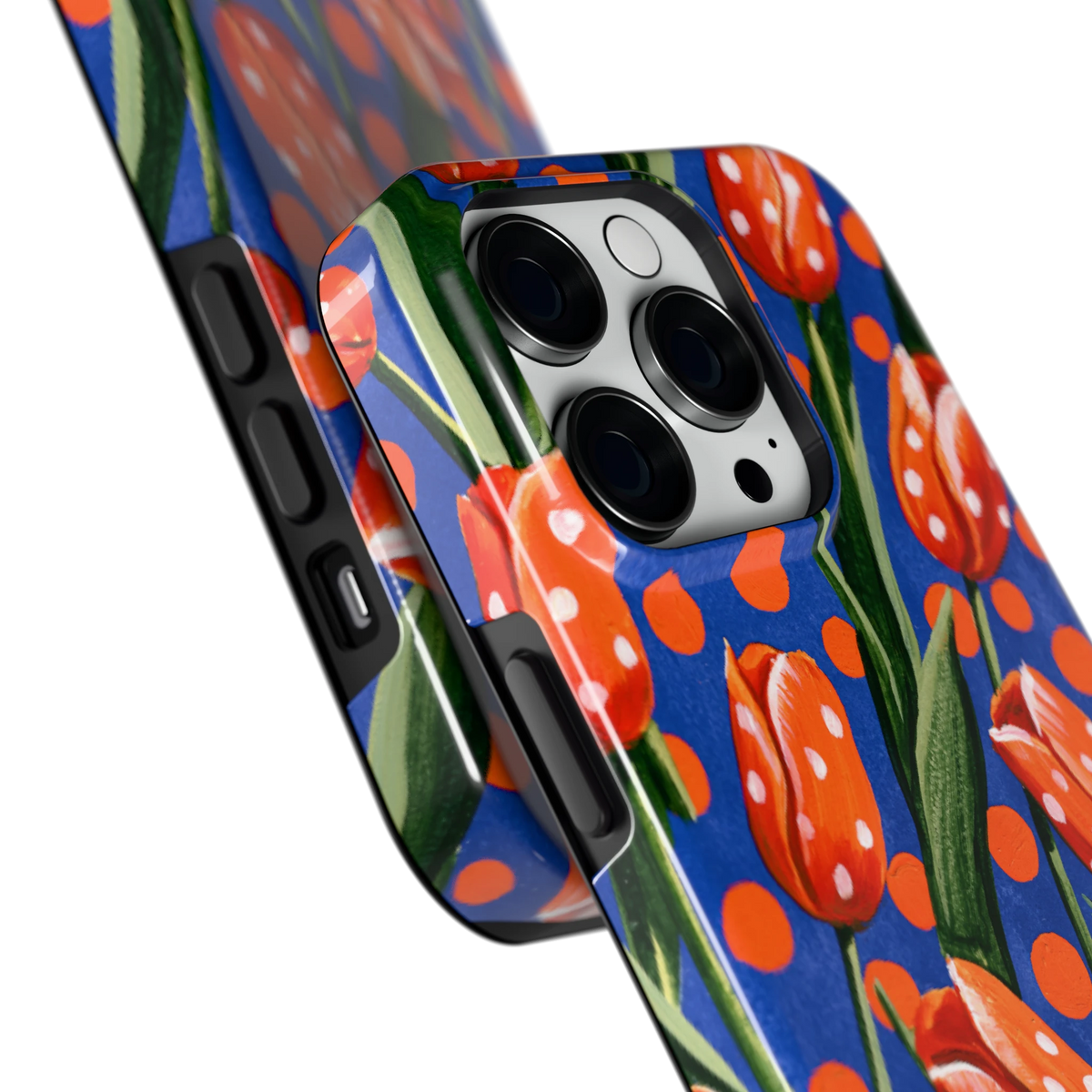 Tulpen met stippen hoesje voor iPhone 14 Pro, close-up