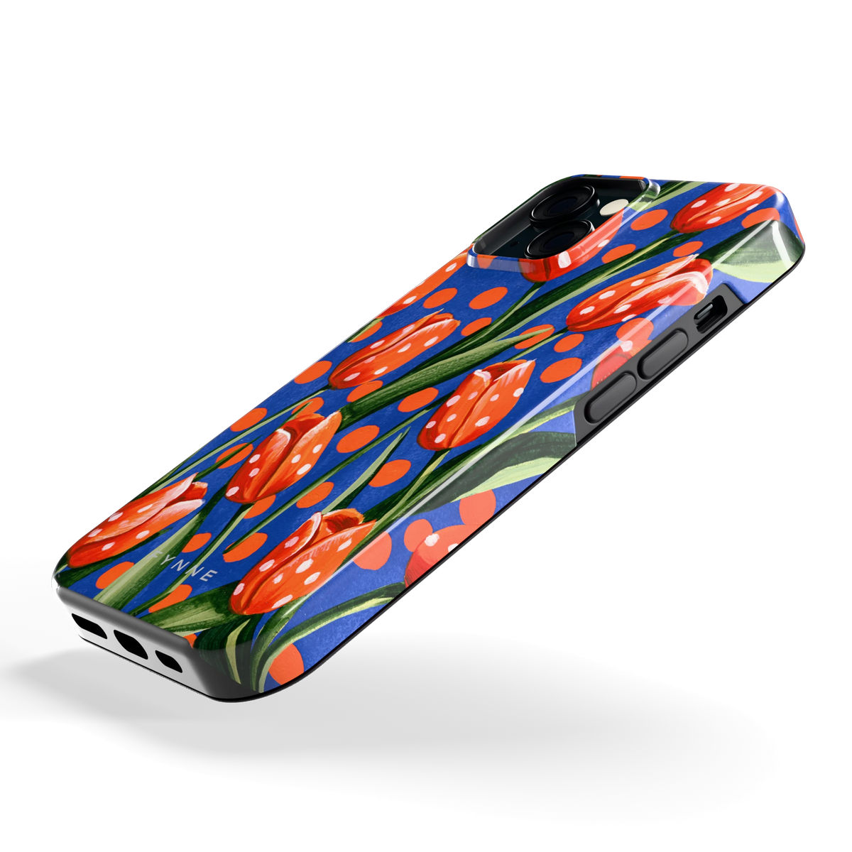 Tulpen met stippen hoesje voor iPhone 15, schuin