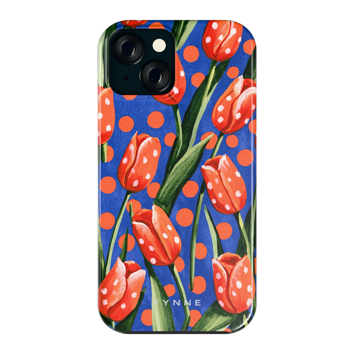 Tulpen met stippen hoesje voor iPhone 15, achterkant