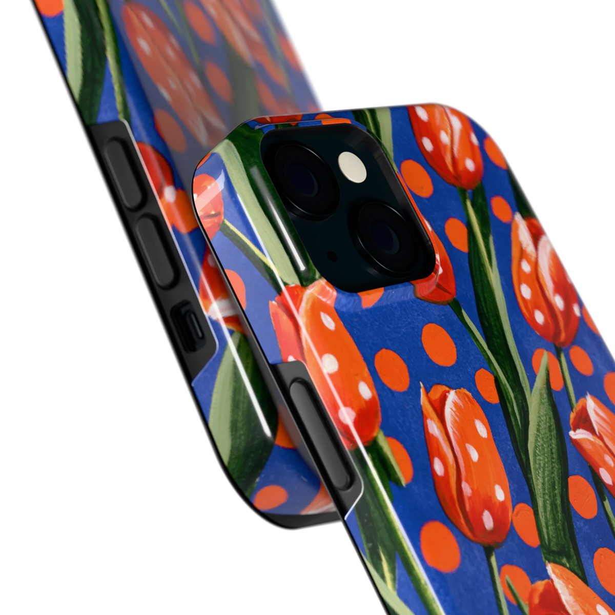 Tulpen met stippen hoesje voor iPhone 15, close-up