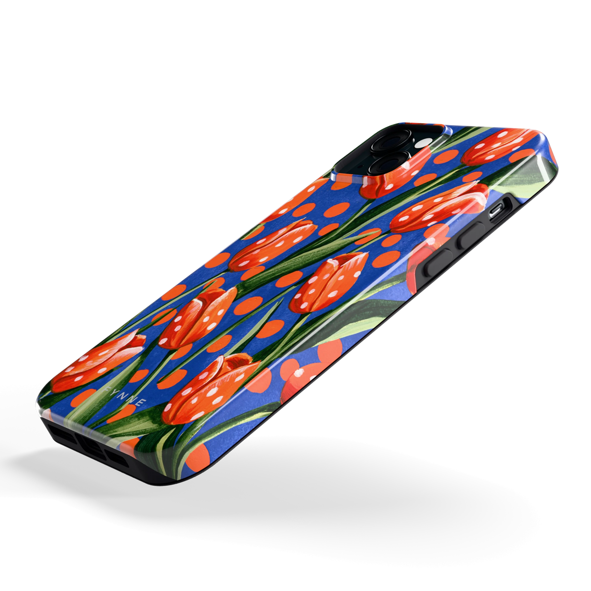 Tulpen met stippen hoesje voor iPhone 15 Plus, schuin