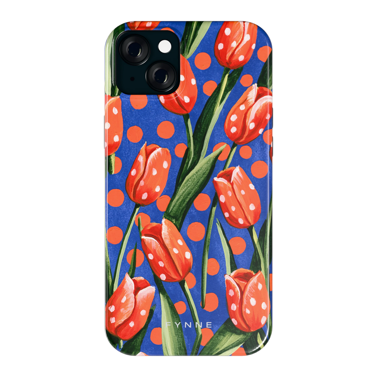 Tulpen met stippen hoesje voor iPhone 15 Plus, achterkant
