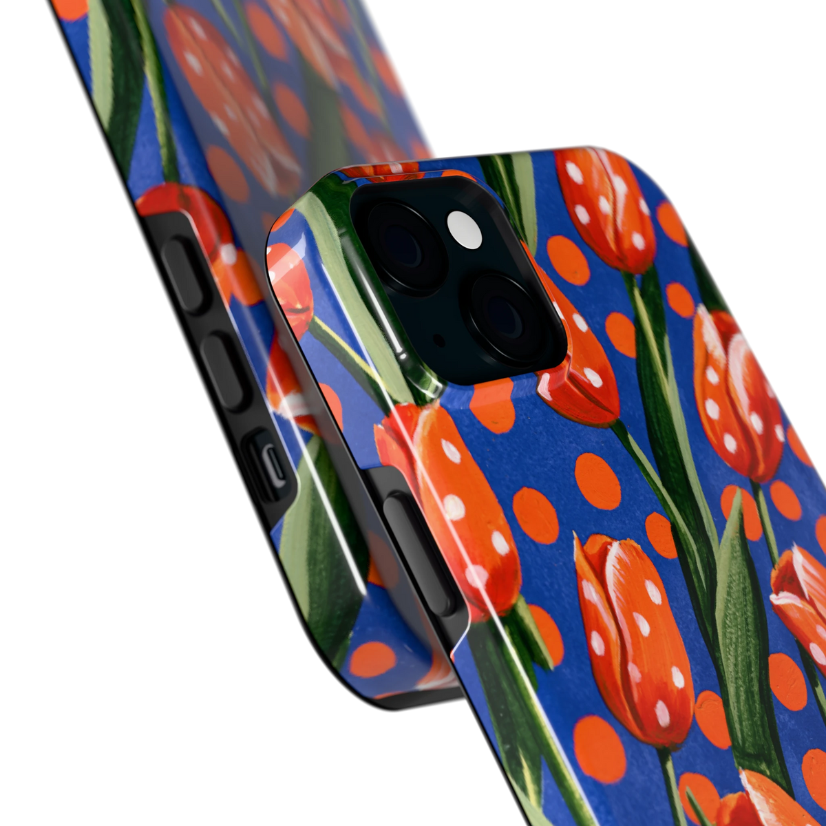 Tulpen met stippen hoesje voor iPhone 15 Plus, close-up