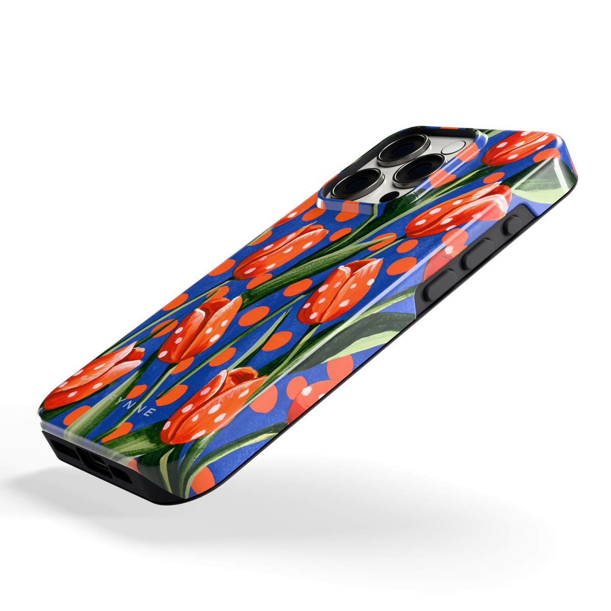 Tulpen met stippen hoesje voor iPhone 15 Pro, schuin