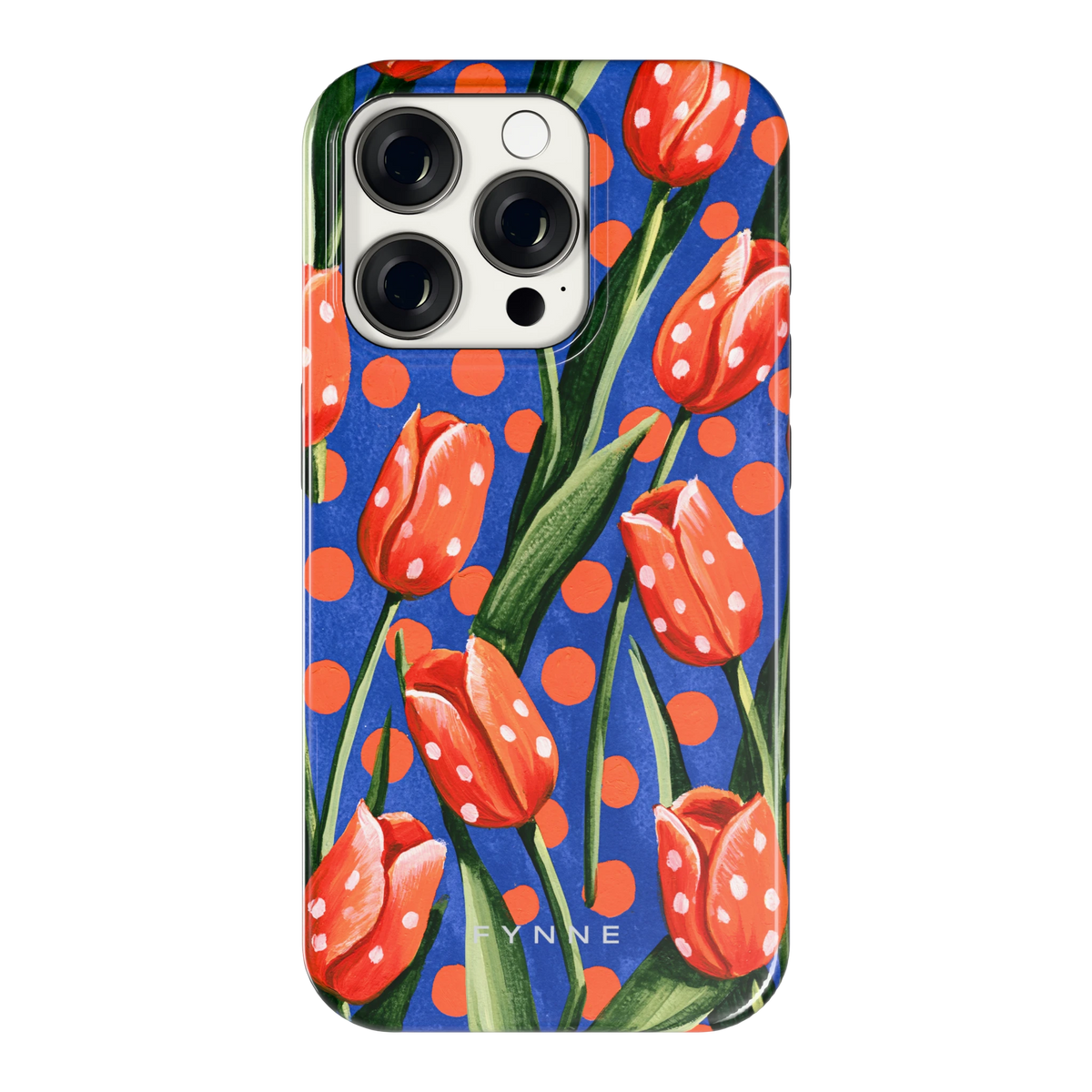 Tulpen met stippen hoesje voor iPhone 15 Pro, achterkant