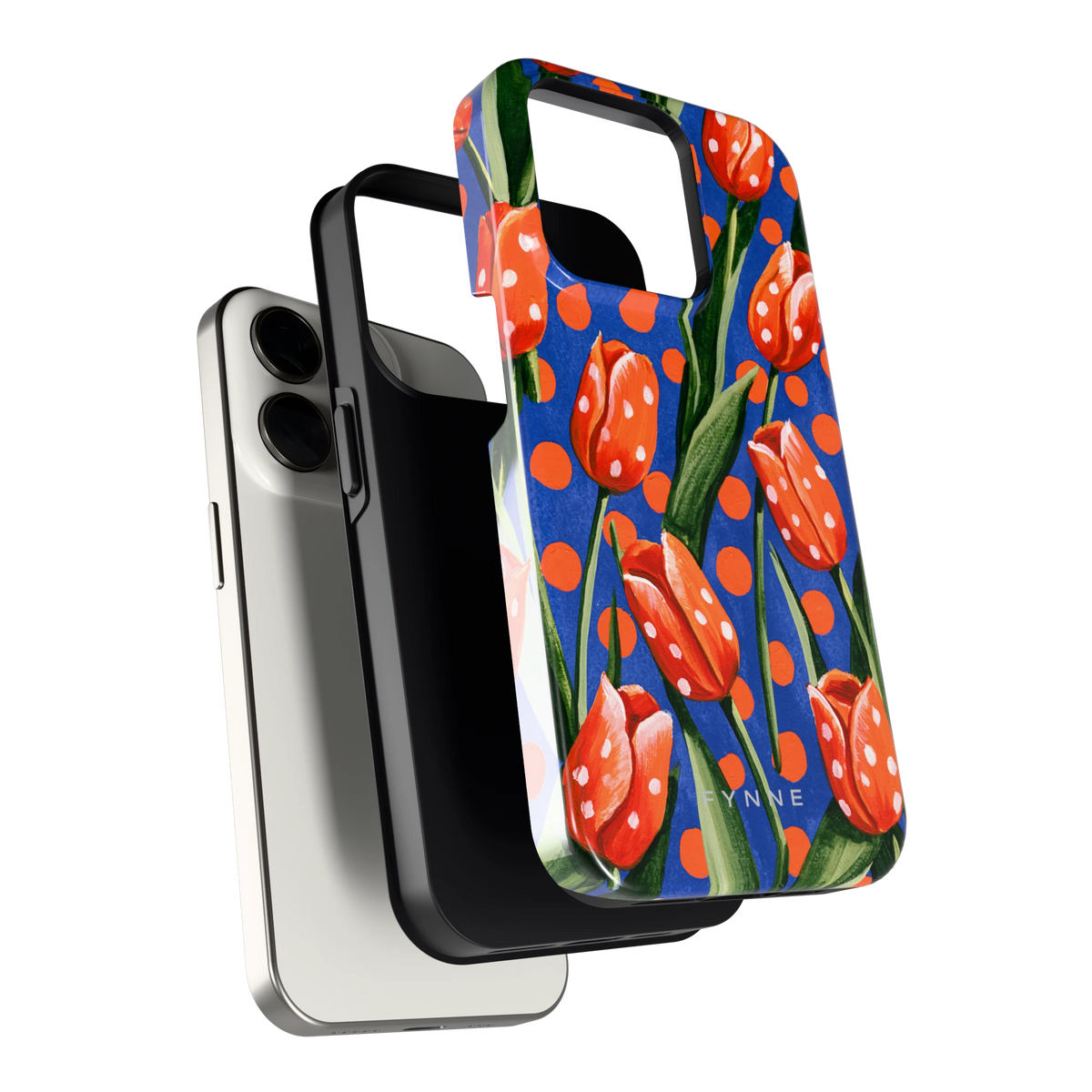 Tulpen met stippen hoesje voor iPhone 15 Pro, los van de telefoon
