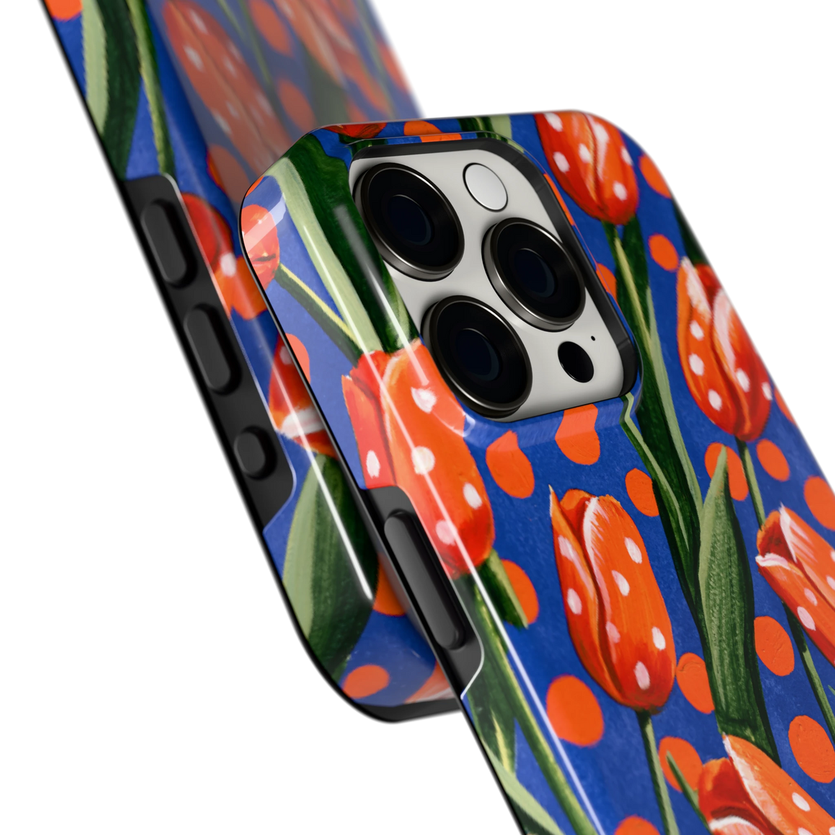 Tulpen met stippen hoesje voor iPhone 15 Pro, close-up