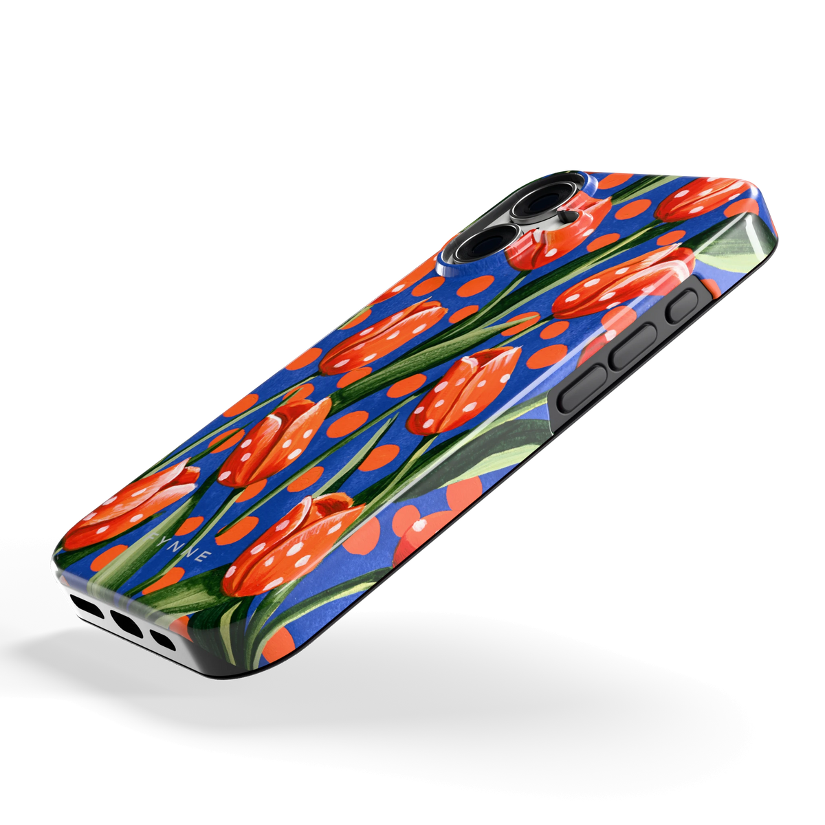 Tulpen met stippen hoesje voor iPhone 16, schuin