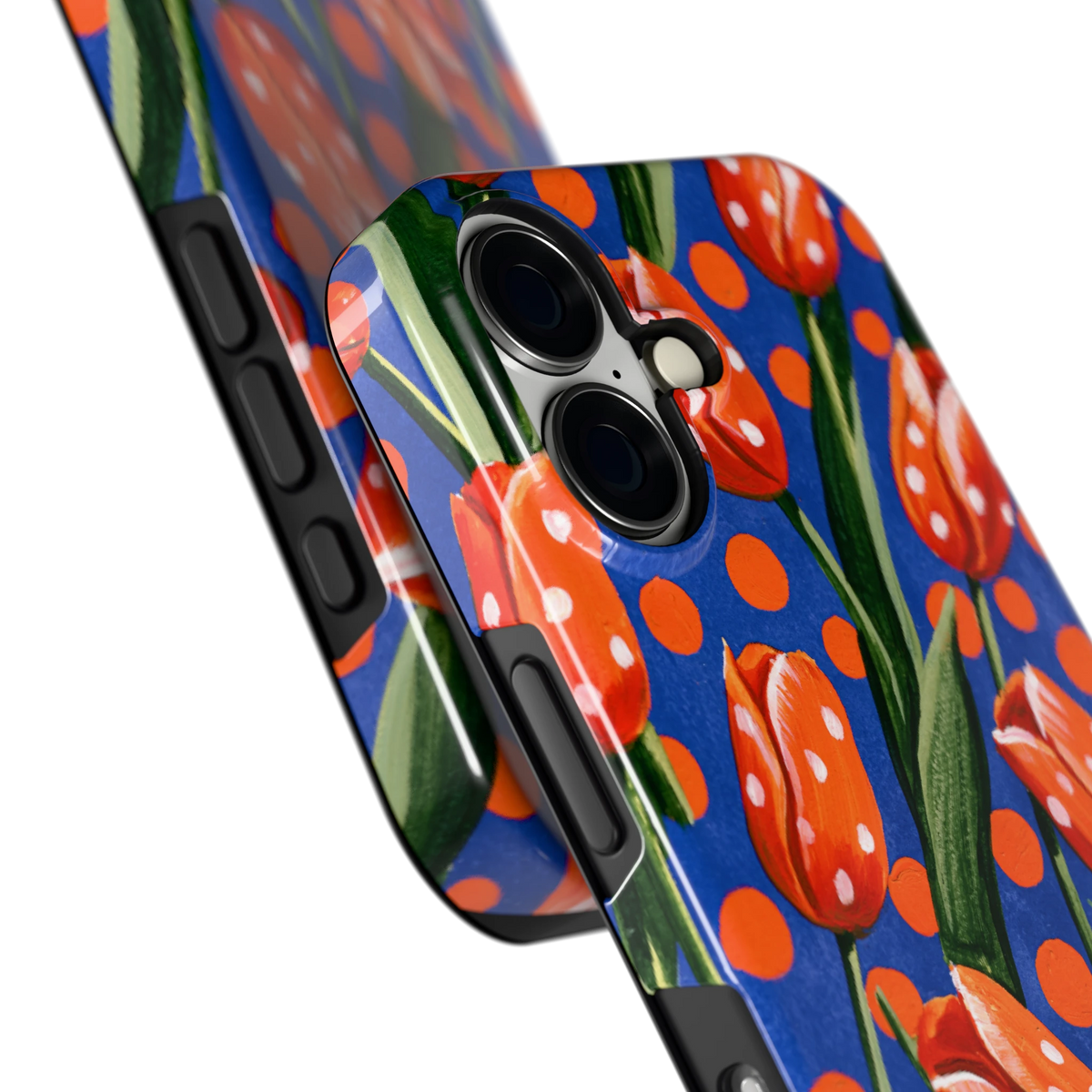 Tulpen met stippen hoesje voor iPhone 16, close-up