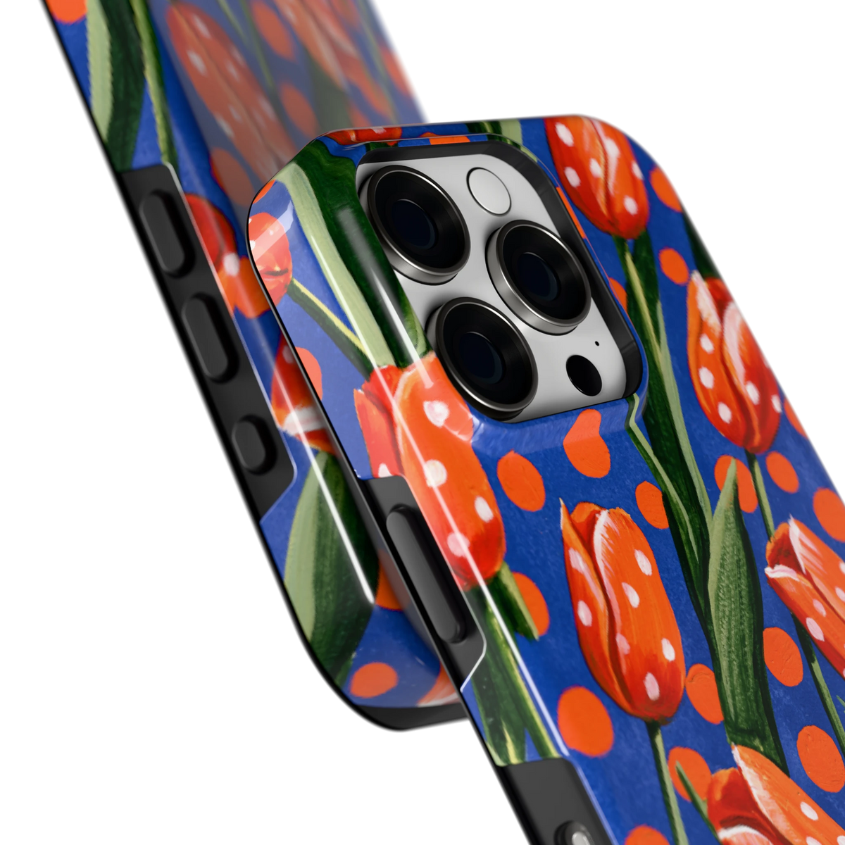 Tulpen met stippen hoesje voor iPhone 16 Pro, close-up