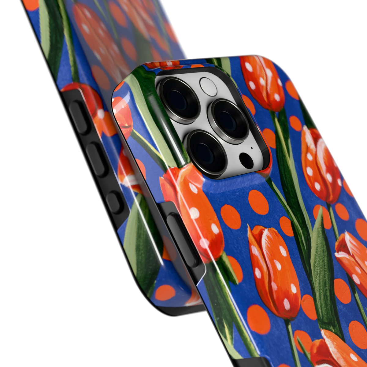 Tulpen met stippen hoesje voor iPhone 16 Pro Max, close-up