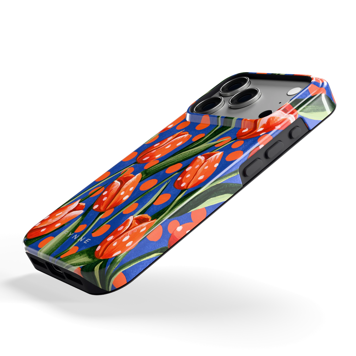Tulpen met stippen hoesje voor iPhone 18 Pro, schuin