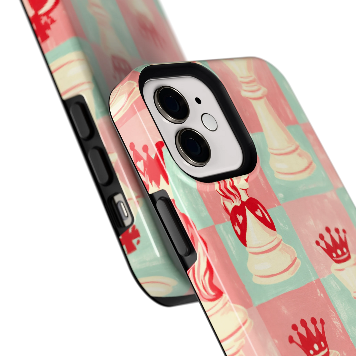 Pastel Schaakspel hoesje voor iPhone 12, close-up