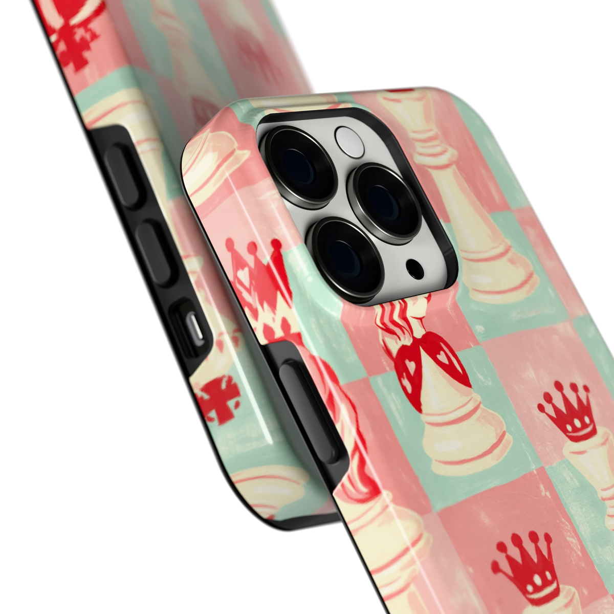 Pastel Schaakspel hoesje voor iPhone 13 Pro, close-up