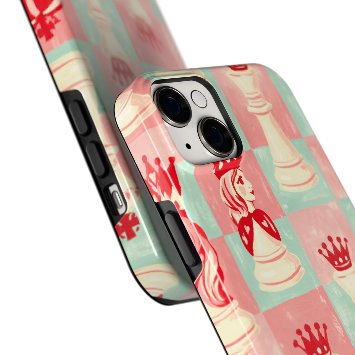 Pastel Schaakspel hoesje voor iPhone 14 Plus, close-up