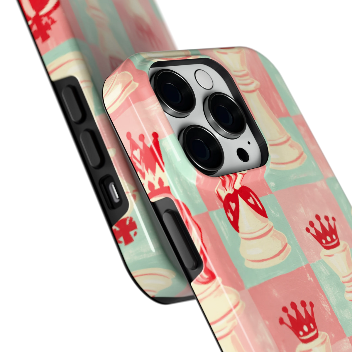 Pastel Schaakspel hoesje voor iPhone 14 Pro, close-up