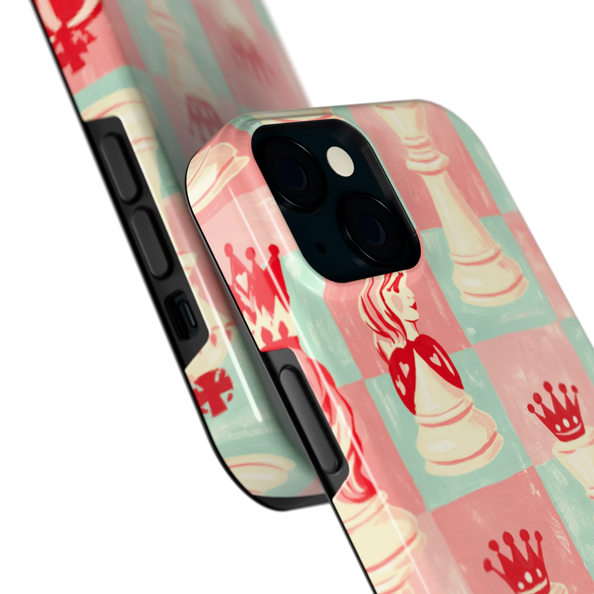 Pastel Schaakspel hoesje voor iPhone 15, close-up