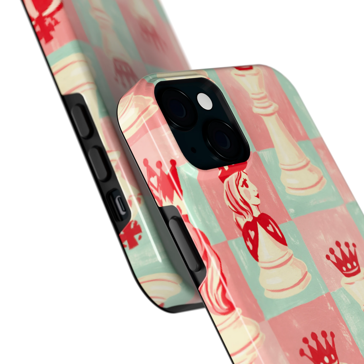 Pastel Schaakspel hoesje voor iPhone 15 Plus, close-up