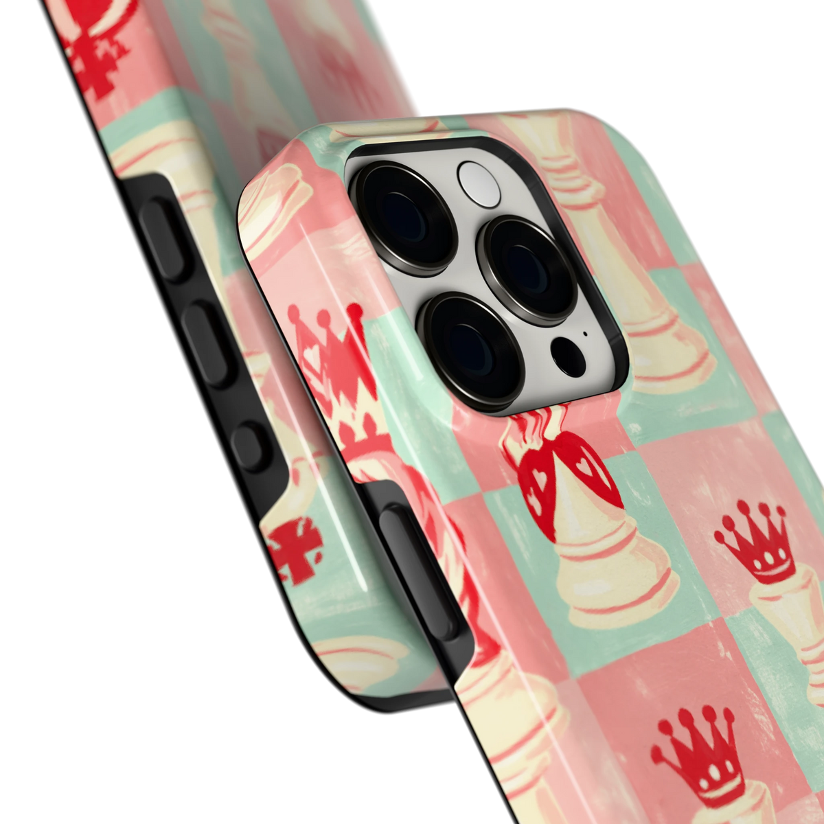 Pastel Schaakspel hoesje voor iPhone 15 Pro, close-up