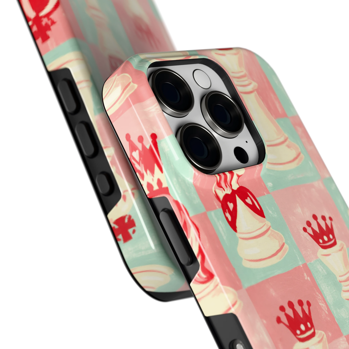 Pastel Schaakspel hoesje voor iPhone 16 Pro, close-up