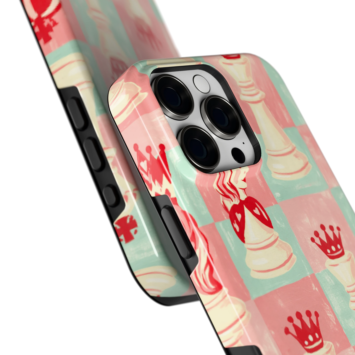 Pastel Schaakspel hoesje voor iPhone 16 Pro Max, close-up