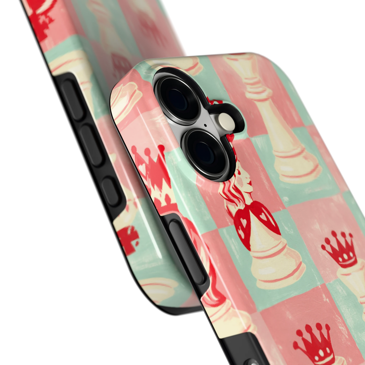 Pastel Schaakspel hoesje voor iPhone 17, close-up