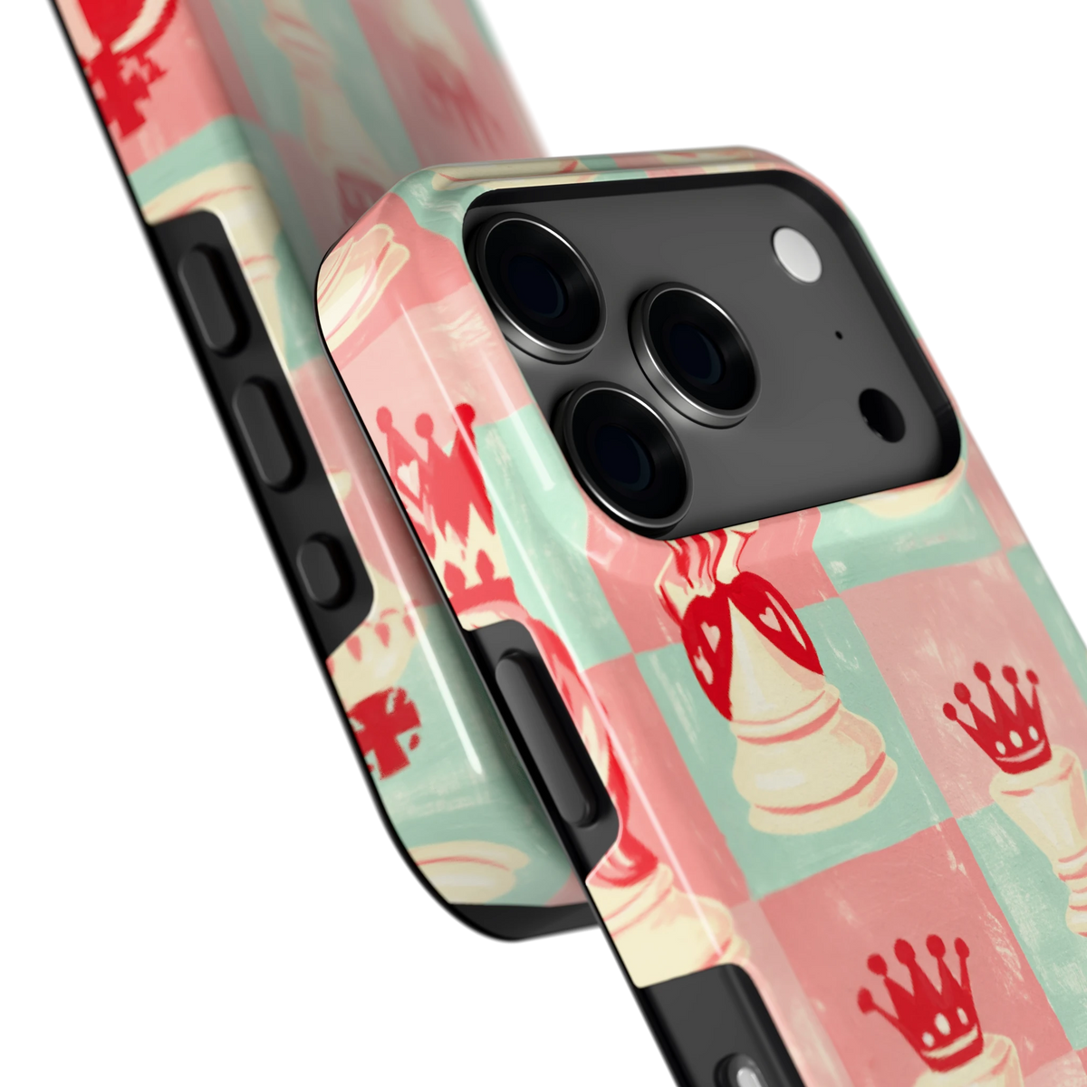 Pastel Schaakspel hoesje voor iPhone 17 Pro, close-up