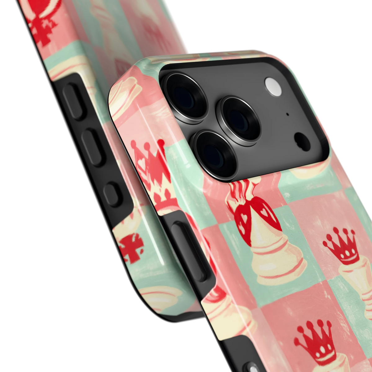 Pastel Schaakspel hoesje voor iPhone 18 Pro, close-up