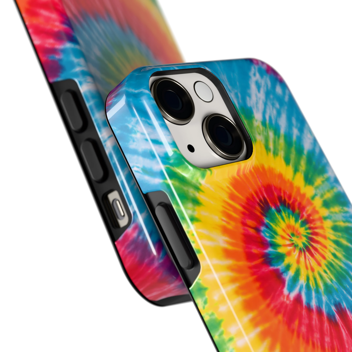 Regenboogspiraal hoesje voor iPhone 13 mini, close-up