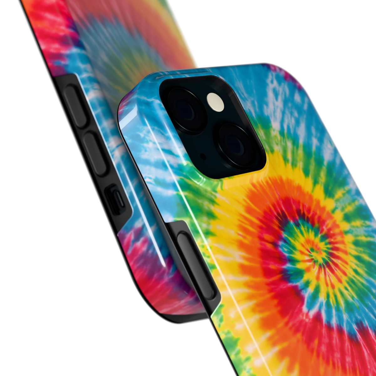 Regenboogspiraal hoesje voor iPhone 15, close-up